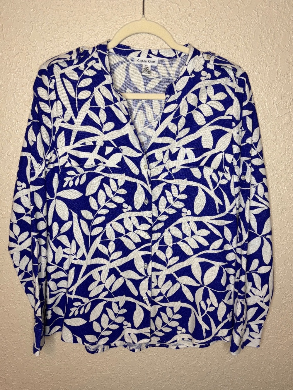 Calvin Klein Blue White Floral Print Linen Long Sleeve Top Women's Size M